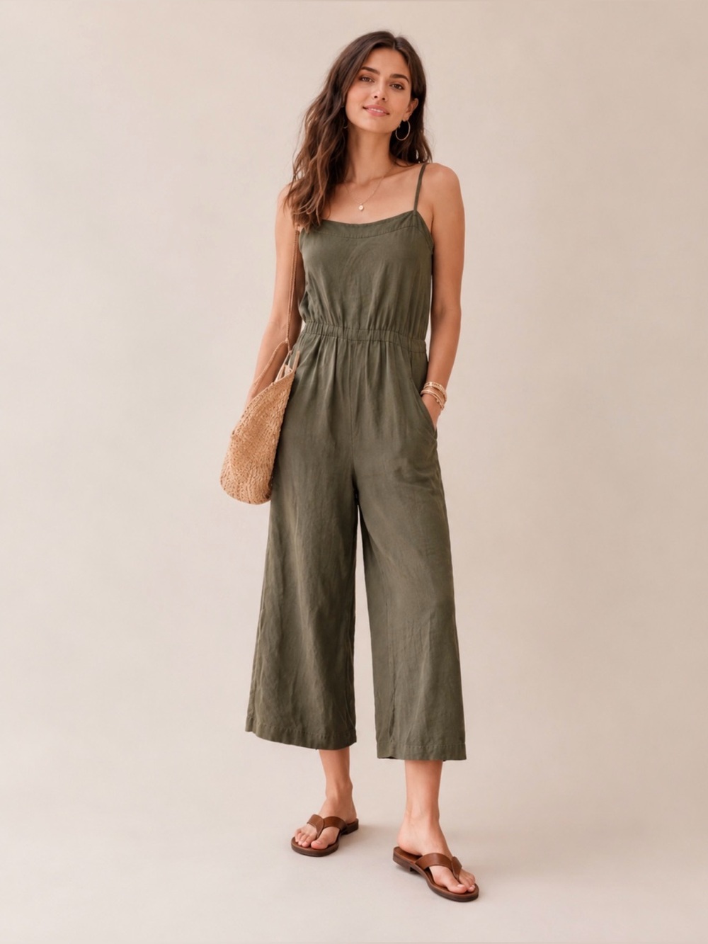 Susina Olive Linen Jumpsuit LP Petite Wide Leg Minimalist Nordstroms Pockets